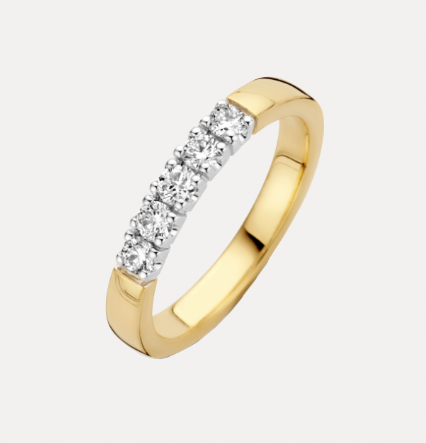 14 KARAAT BICOLOR GEEL- MET WITGOUDEN MEMOIRE RING MET 5 BRILJANTEN VAN 0.07 CARAAT PER STUK.
5 prachtige briljanten in de MEMOIRE ring, draagbaar elegant en schitterend, door de lage zetting bijna onverwoestbaar, heel mooi alleen te dragen of in combinatie met aanschuifringen. Je kunt je memoire ring completeren door er een set van te maken met hanger, half-creool, creool en zelfs een armband.
